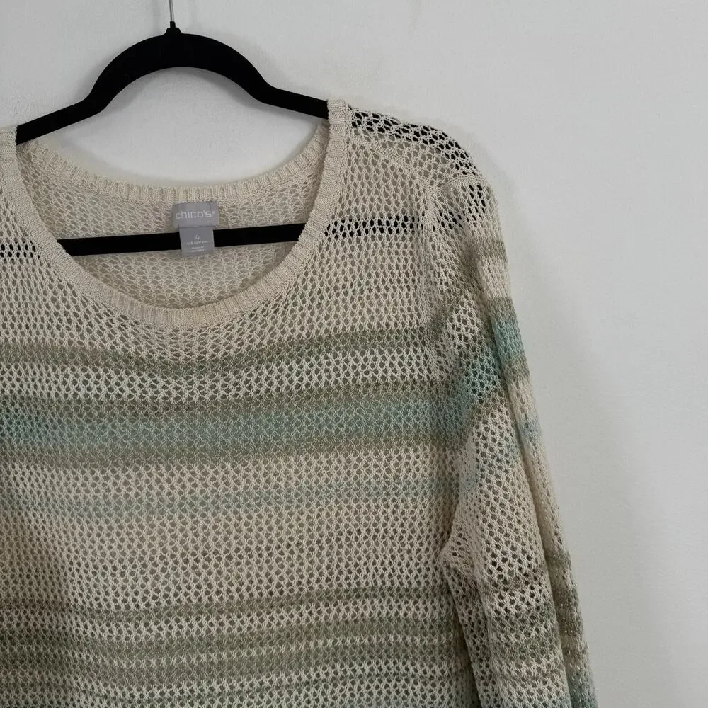 Chicos Open Knit Marlene Pullover Sweater Cream Green Striped‎ Womens 4 US XXL